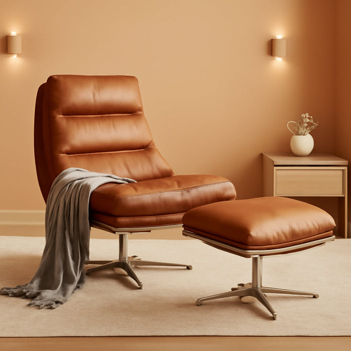 Swivel Accent Chair with Ottoman, Mid Century Modern Faux Leather Lounge Chair with Footrest, Comfy Oversized Armchair with 360 Degree Metal Base for Living Room/Bedroom, Brown