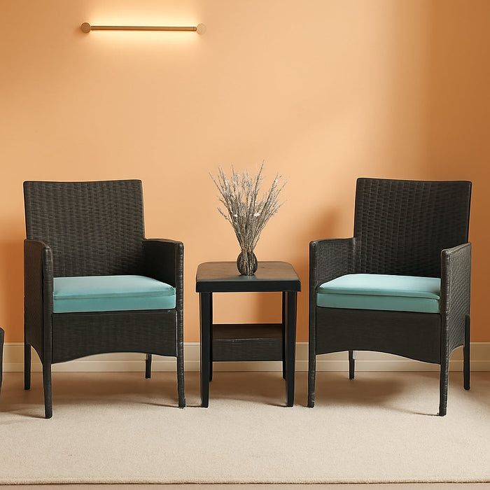 3 Piece Outdoor Furniture Set Patio Wicker Chairs Furniture Bistro Conversation Set 2 Rattan Chairs with Blue Cushions and Glass Coffee Table for Porch Lawn Garden Balcony Backyard