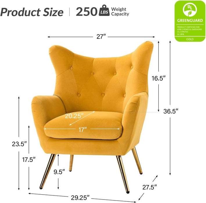 Velvet Mustard Wingback Accent Armchair With Tufting