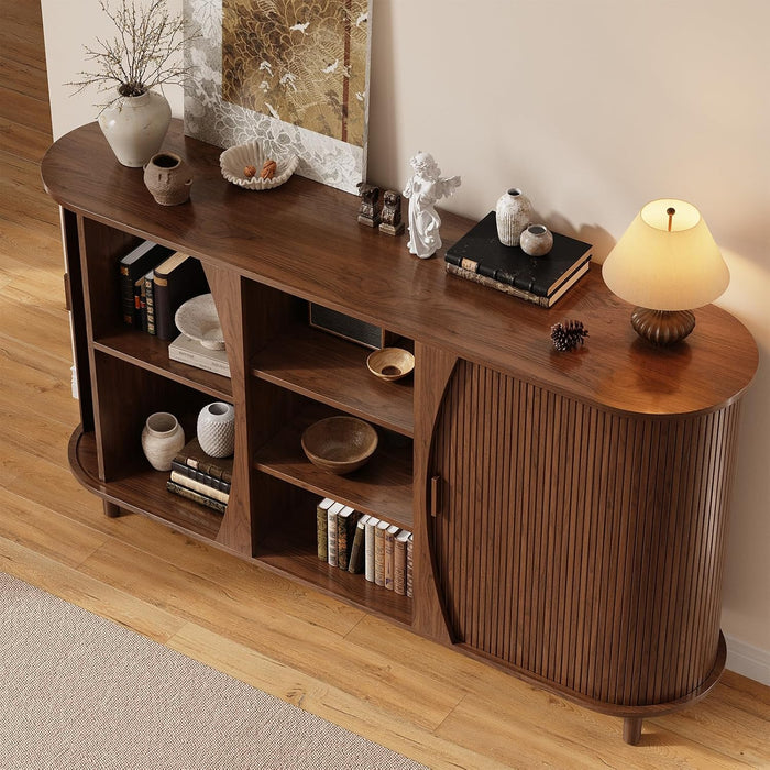 59" Curved Buffet Cabinet with Storage, Sideboard Cabinet with Adjustable Shelves, Mid-Century Modern Buffet Cabinet with Sliding Doors and 6 Wood Legs, Storage Cabinet for Living Room, Walnut