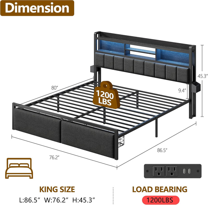 King Bed Frame with Wood Headboard & Storage Drawers, Metal Platform Bed Frames King Size with LED Lights, Built in Charging Station, No Box Spring Needed, No Noise, Easy Assembly, Black