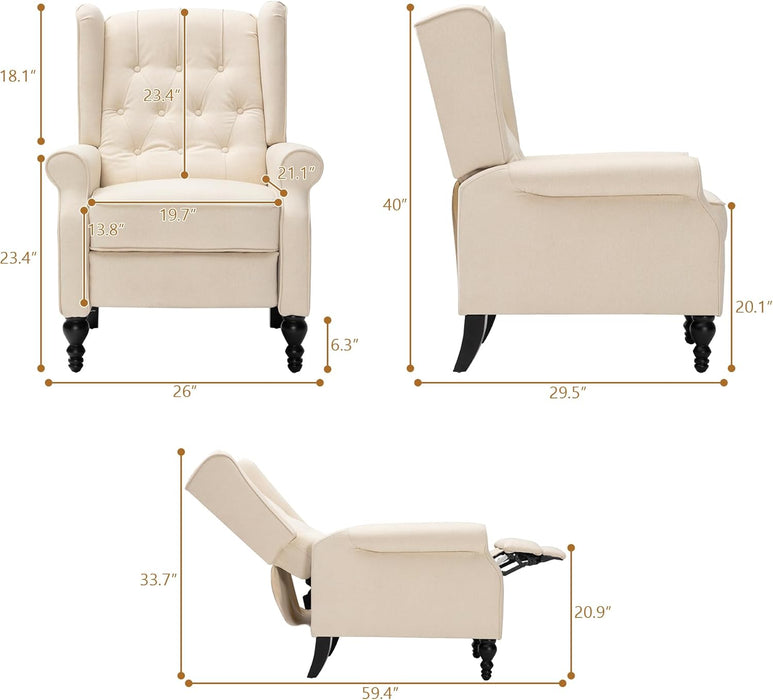 Mid Century Wingback Recliner Chair for Adults, Modern Linen Fabric Push Back Recliner Chairs with Button Tufted Upholstered Back & Footrest, Manual Recliner Chais for Living Room, Nursery, Beige