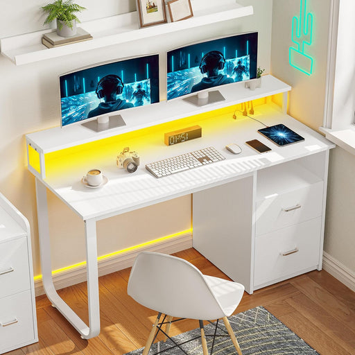 Computer Desk with Drawers, 47.2" Office Desk with Power Outlets & LED Light, Home Office Desk with Storage Shelves, White