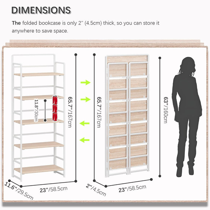 No Assembly 5 Tiers Folding Bookshelf Storage Shelves Vintage Bookcase Standing Racks Study Organizer Home Office (Natural White)