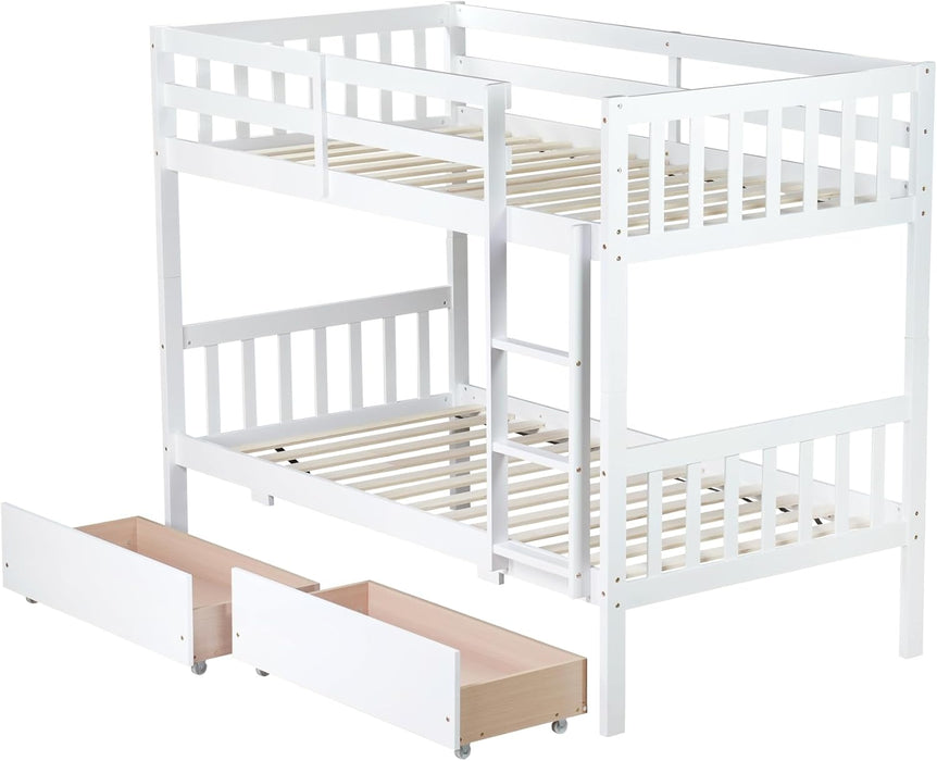 Twin over Twin Wood Bunk Bed with 2 Drawers for Girls,Boys,Convertible into 2 Beds,Wood Bunk Bed with Ladder and Safety Guardrails,No Box Spring Needed, White