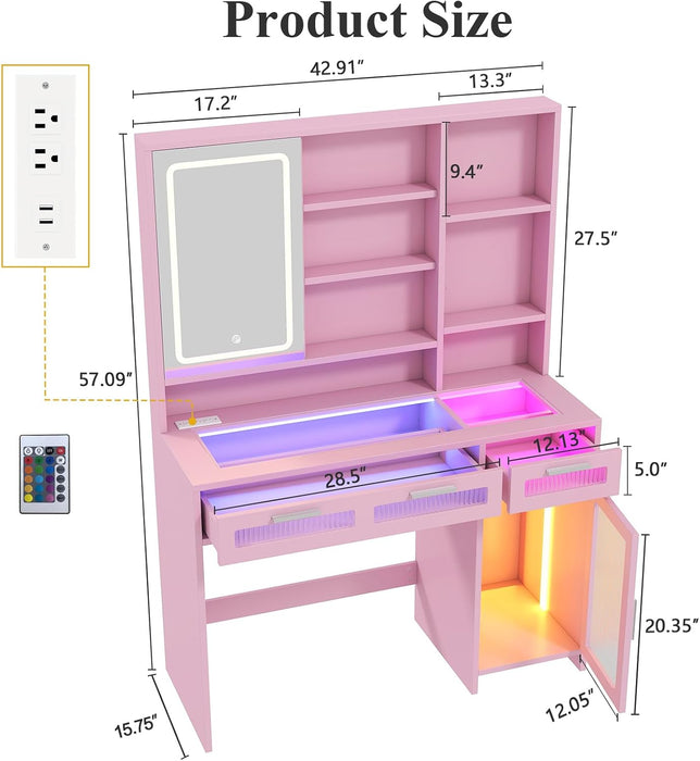 Vanity Desk with Mirror and Lights, Makeup Vanity with Transparent Top & RGB Drawers, Girls Vanity Table with Lighted Mirror for Bedroom Featuring 3 Modes & Outlet, Pink