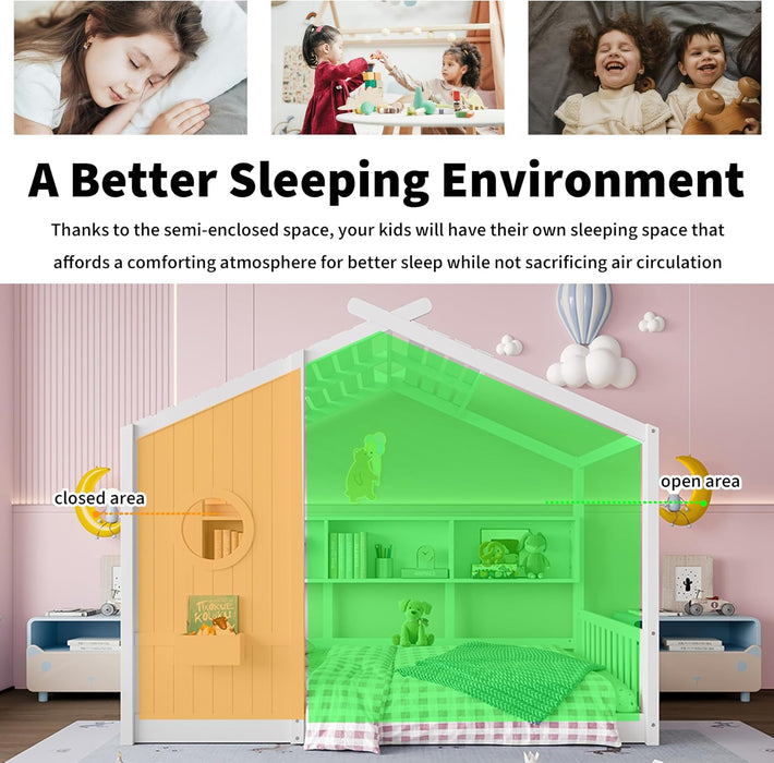 White Full Size Floor Bed Playhouse StorageShelves