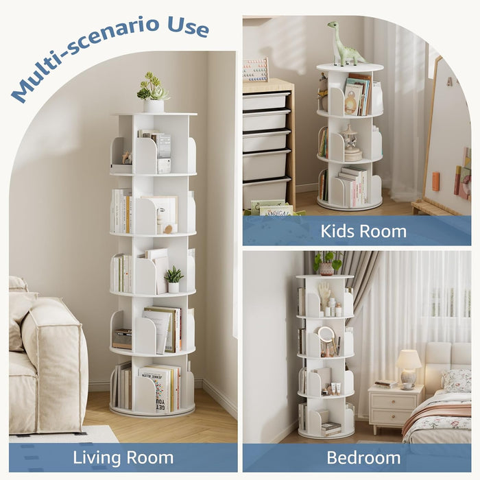 4 Tier Rotating Bookshelf Tower, Spinning Bookshelf for Small Space | 360° Display Revolving Bookcase Lazy Susan, Freestanding Vertical Corner Book Shelf for Bedroom, Living Room, Entryway, White