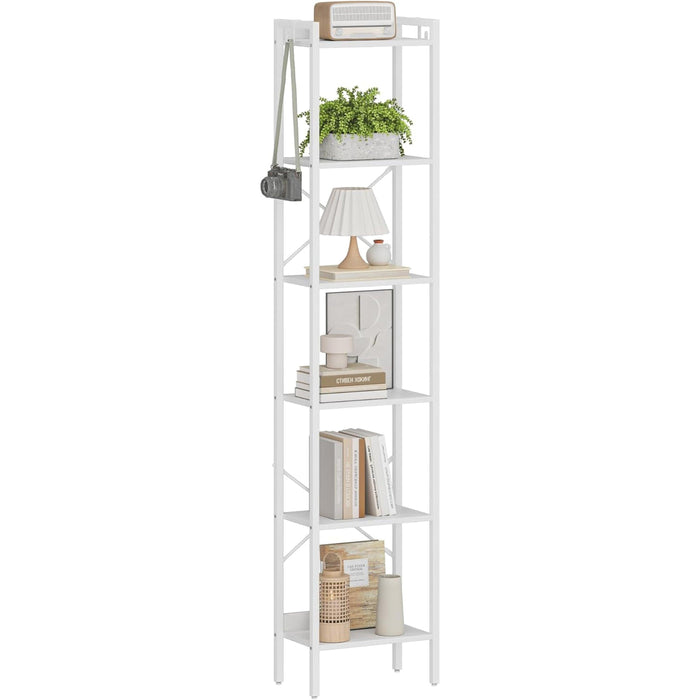 Bookshelf, Book Shelf, Industrial Bookcase with 2 Hooks, Coner Shelf Storage Organizer for Home Office, Living Room, Bedroom, Kitchen, 6-Tier White BC10713W