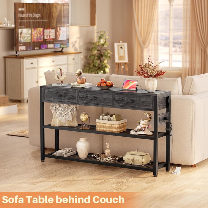 47'' Entryway Table with Outlets and USB Ports, Console Table with 3 Drawers, Sofa Table Narrow Long with Storage Shelves for Living Room, Couch, Hallway, Foyer, Kitchen Counter, Grey