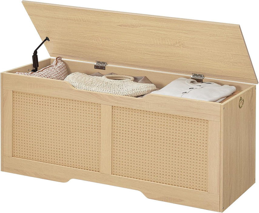 Storage Bench, 43.3" Toy Box, Rattan-Like Storage Chest, Sturdy Entryway Bench Supports 220 Lb, Toy Chest, Safety Hinge, U-Shaped Opening, Easy Assembly, Natural NL22CW01