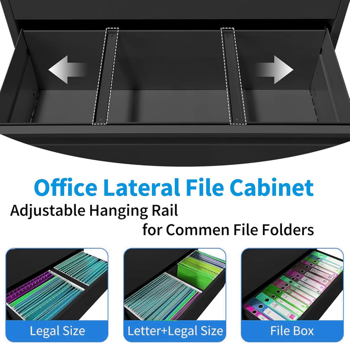 4 Drawer Lateral File Cabinet with Lock, Heavy Duty Wide Steel Filing Cabinet for Home Office, 36" W Horizontal Storage Cabinet for Letter/Legal/A4/F4 Hanging Files, Easy Assembly (Black)