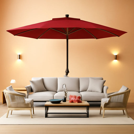 15Ft Rectangular Patio Umbrella with Solar LED Lights, Double-Sided Outdoor Market Umbrella with Base Included, Extra Large Shade for Pool, Deck, Backyard, Garden, Burgundy