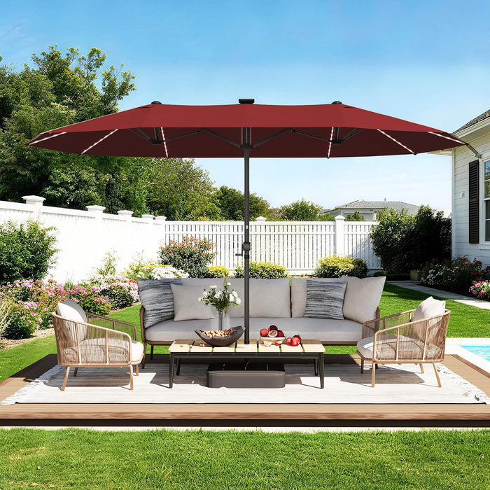 15Ft Rectangular Patio Umbrella with Solar LED Lights, Double-Sided Outdoor Market Umbrella with Base Included, Extra Large Shade for Pool, Deck, Backyard, Garden, Burgundy