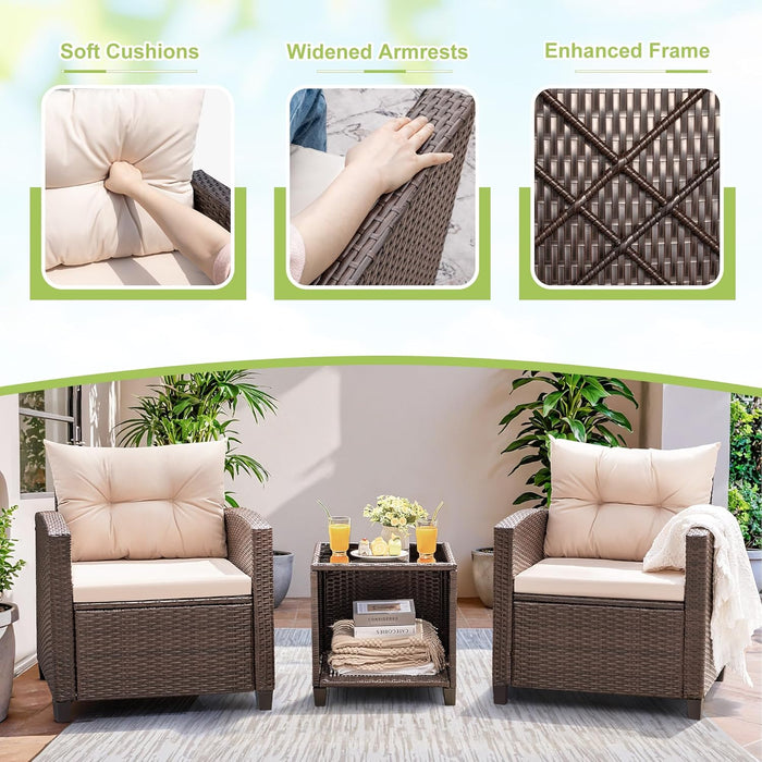 3 Pieces Patio Furniture Set Outdoor Wicker Chairs and Table, Beige