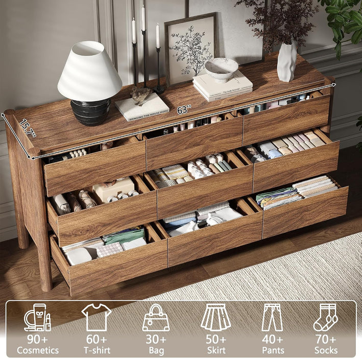 63" Wide Walnut 9 Drawer Dresser for Bedroom with Solid Wood Legs