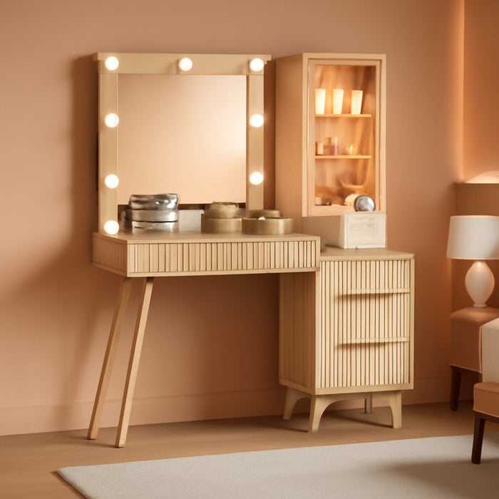 45” Fluted Makeup Vanity Desk with Mirror and Lights, Glass Top Dressing Table with 5 Drawers, LED Lighted Adjustable Cabinet, Trays & Charging Station for Bedroom Dressing Room