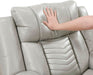 Wll Hugger Power Double Reclining Sof with Center Drop-Down Tble, Fux Lether Home Theter Seting with LED Lighting/Usb Chrging Ports/Wireless Chrger/Cup Holders, Mgzine Pocket, Gry