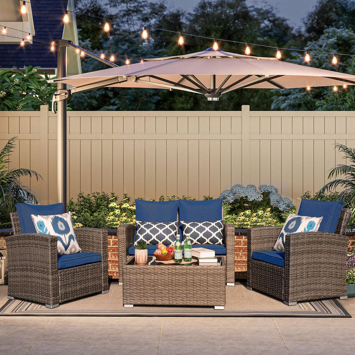 Patio Furniture Set, 4 Piece Outdoor Patio Conversation Set, All-Weather PE Rattan Wicker Sectional Patio Sofa Set with Tempered Glass Coffee Table for Family Gatherings, Navy Blue