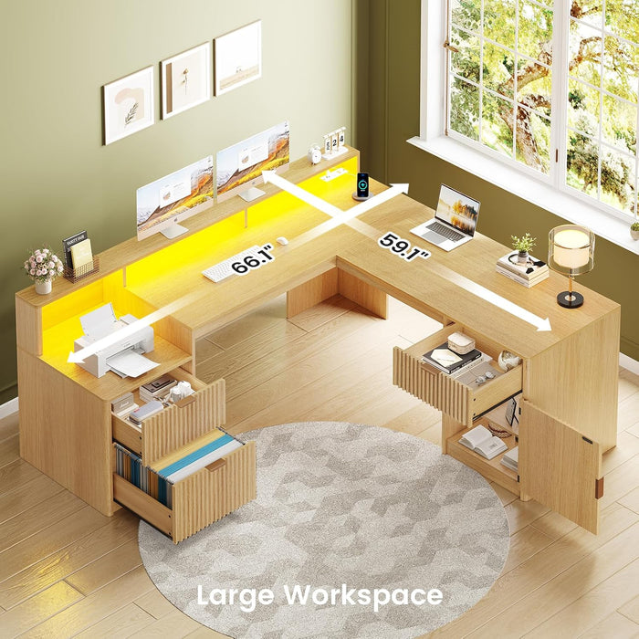 66" Modern L Shaped Desk with Drawers, Fluted Home Office Desk with File Cabinet and Printer Shelf, Wood Executive Desk with Monitor Stand, Power Outlets, Led Lights, Oak