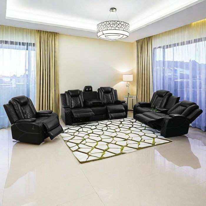 Power Recliner Set with LED Lights, Air Leather Reclining Set with USB Port/Wireless Charger/Storage Console/Cup Holder for House/Hometheater/Apt (Black, Sofa Loveseat Chair)