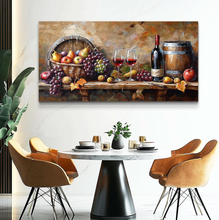 Kitchen Wall Art Grape Barrel Painting Red Wine Glass Fruit Artwork Prints for Dinning Room Bar Canvas Wall Decor for Living Room Food Still Life Abstract Picture Home Decoration 20X40In