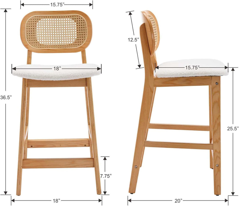 Counter Height Bar Stools Set of 2 Rattan Back Farmhouse Barstools Mid Century Modern Wood Bar Chairs Comfortable Sherpa Upholstered Kitchen Island Chairs for Pub/Breakfast, Beige