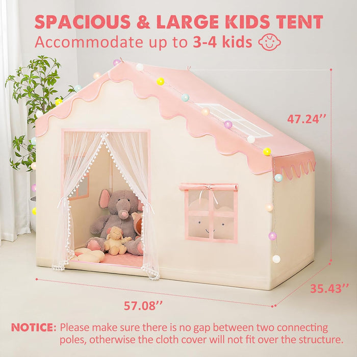 Play Tent for Kids - Kids Tent Indoor with Mat and Ball Lights, Toddler Tent for Kids Ages 3-8, Kids Playhouse for Girls, 57" X 35" X 47" (Pink)