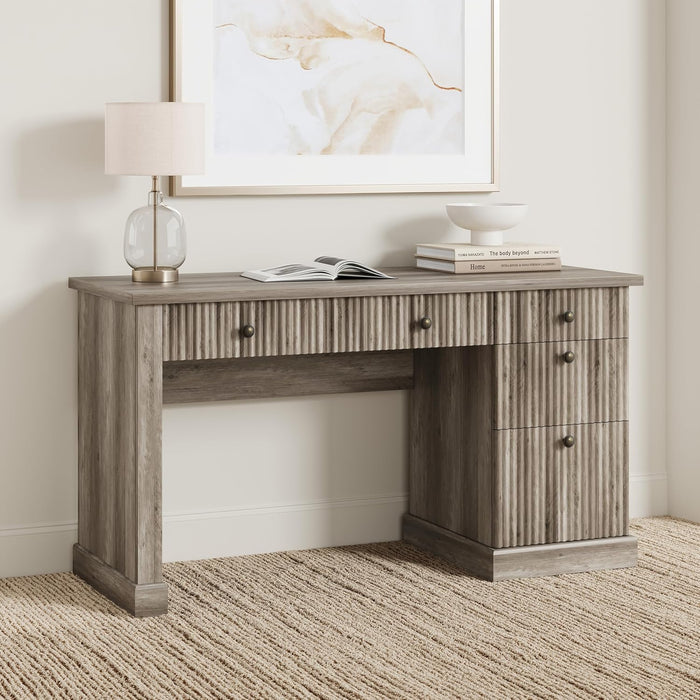 Fluted Home Office Desk Storage, 54" Modern Executive Desk with Charging Station, Wooden Computer Writing Desk with File Cabinet & Drawers for Study, Living Room, Bedroom