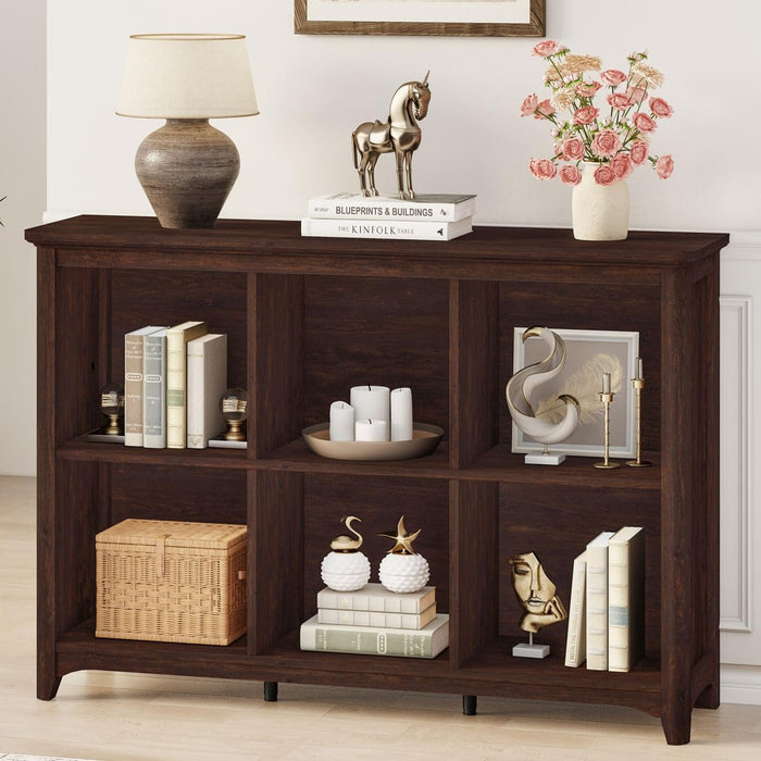 6 Cube Storage Bookshelf, Wood Wulnut Horizontal Bookcase, Rounded Corners | Low Wooden Cubby Organizer Book Shelf for Living Room/ Bedroom/ Office/ Hallways/ Apartments, Brown Cherry, 43" Space Saving