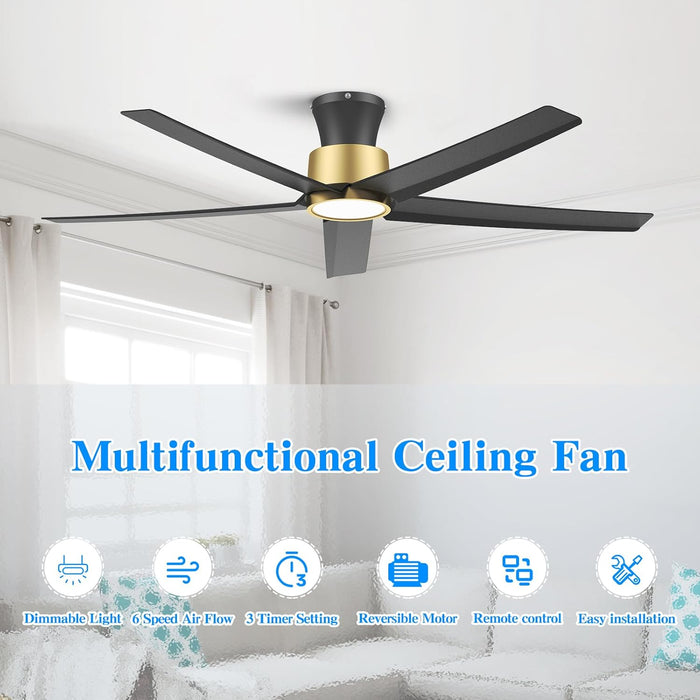 52 Inch Ceiling Fans with Lights, Large Air Volume Ceiling Fans with Reversible Quiet DC Motor and Remote（Black-Gold）