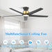 52 Inch Ceiling Fans with Lights, Large Air Volume Ceiling Fans with Reversible Quiet DC Motor and Remote（Black-Gold）