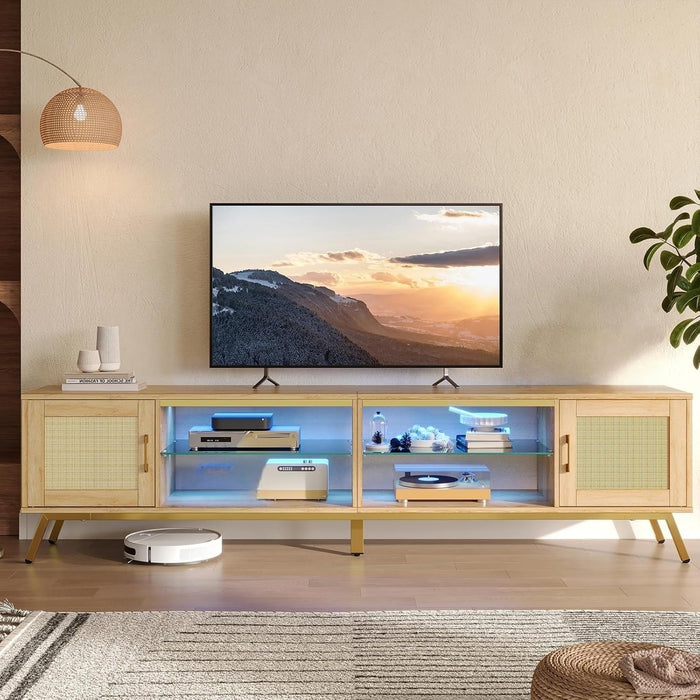 80 Inch Natural Rattan TV Stand with Storage for 85 Inch TV, 4-In-1 Mid Century Modern Entertainment Center with LED Lights, Doors and Adjustable Glass Shelves for Living Room, Natural