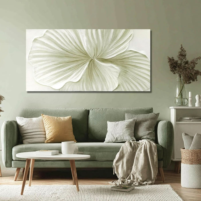 Abstract Leaf Wall Art Modern Ginkgo Canvas Hand-Drawn Painting 24X48 Green and White Large Artwork Minimalist Decoration for Living Room Bedroom Office Home