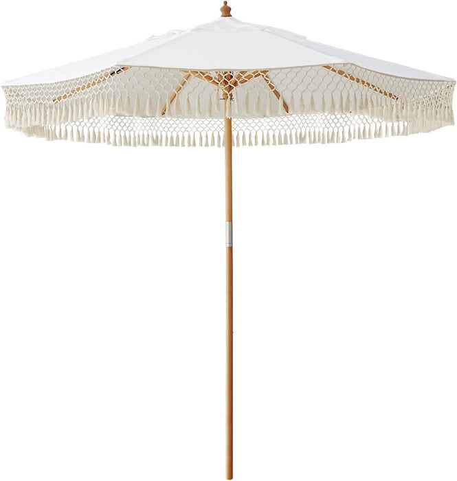 8.5Ft Luxury Premium Boho Patio Umbrella Wood Pole Fancy Bali-Style Outdoor Umbrellas UPF 50+ Sun Protection with Pulley Lift Air Vent Tassel Fringe for Garden, Pool, Deck, Beach, Backyard, Events