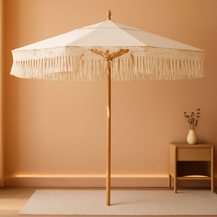 8.5Ft Luxury Premium Boho Patio Umbrella Wood Pole Fancy Bali-Style Outdoor Umbrellas UPF 50+ Sun Protection with Pulley Lift Air Vent Tassel Fringe for Garden, Pool, Deck, Beach, Backyard, Events