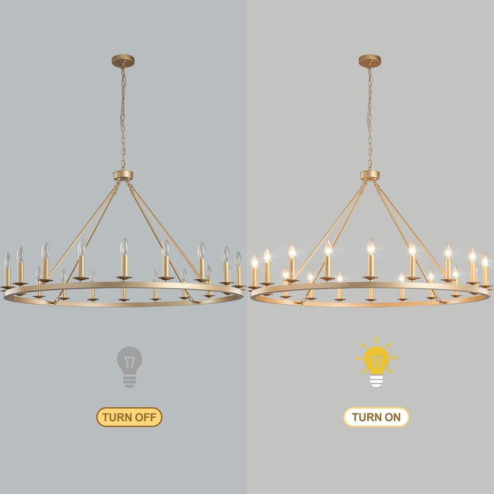 Gold Wagon Wheel Chandelier 48-Inch 20-Light,Extra Large Circle Rustic Farmhouse Light Fixture,Round Metal Chandeliers for Foyer Entryway Dining Room Living Room High Ceilings (E12 Base)