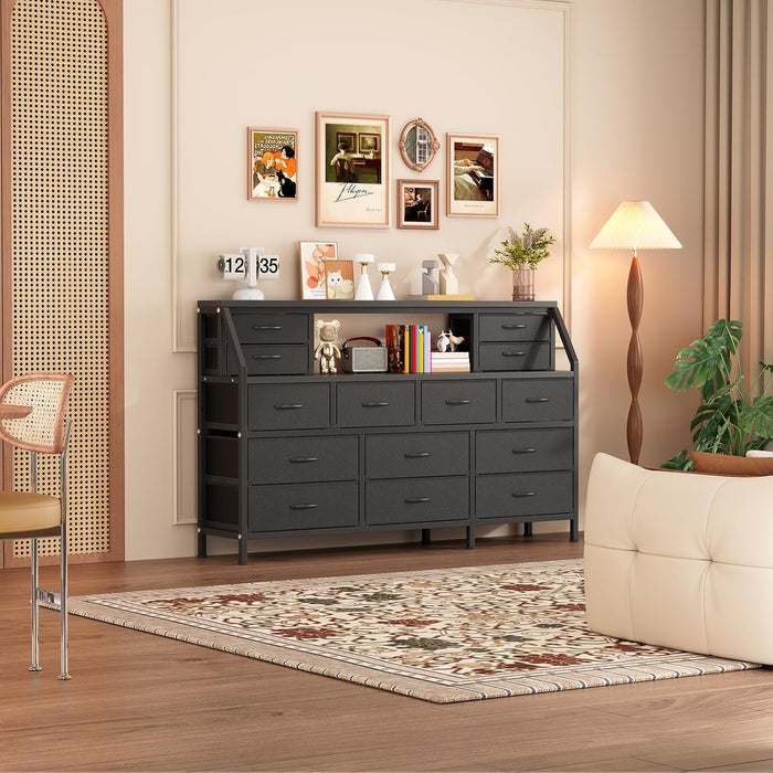 55" W Dresser for Bedroom with 14 Drawers, Chest of Drawers with Open Shelf, Fabric Storage Tower with Metal Frame & Wood Top, TV Stand Organizer for Clothes & Accessories (Black PU)