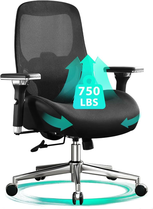 750Lbs Big and Tall Office Chair with Wide Thick Seat Cushion for Heavy People Ergonomic Computer Mesh Desk Chairs with 4D Armrests, Adjustable Lumbar Support for Adults 8 Hours Daliy Work