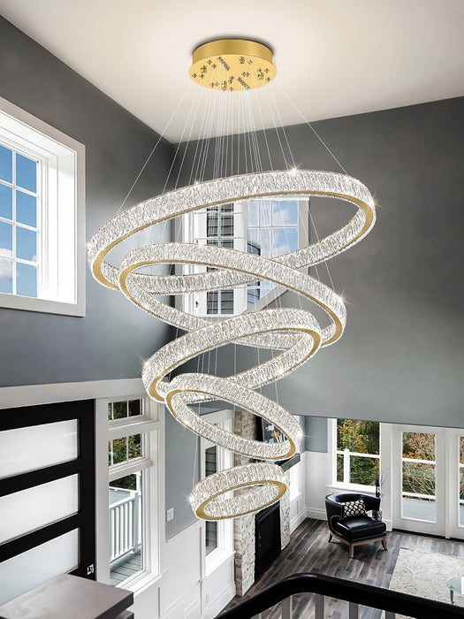 Modern Gold Ring Chandelier for High Ceiling Foyer,Large Crystal Chandelier for Staircase Villa D8''+15.7"+23.6"+31.5"+39.4"