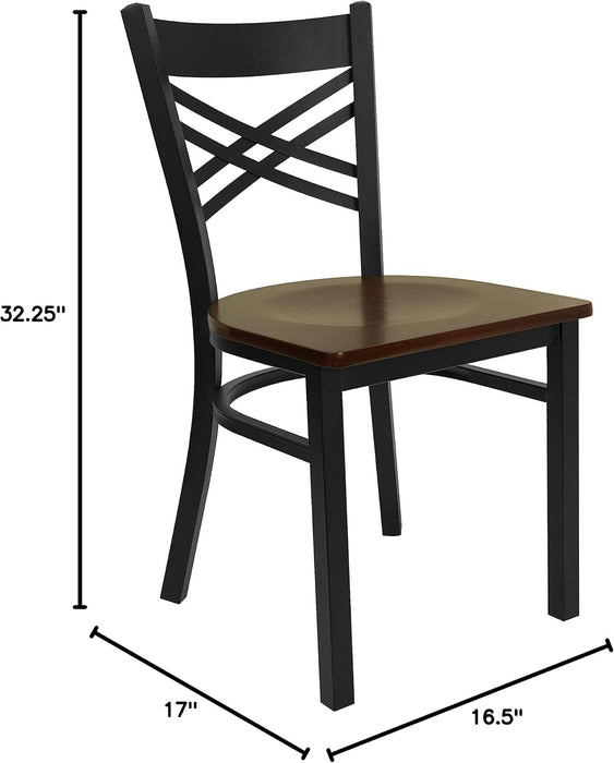 2 Pack HERCULES Series Black ''X'' Back Metal Restaurant Chair - Mahogany Wood Seat