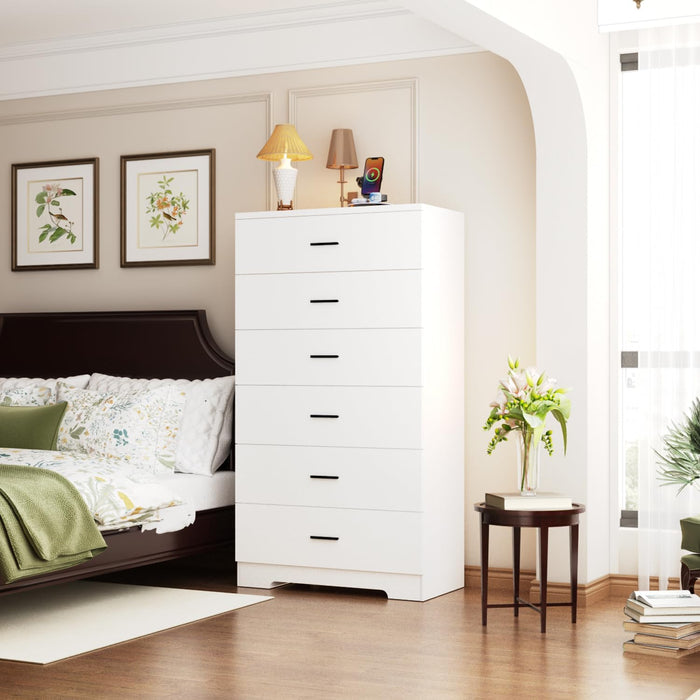 48" Tall Dresser for Bedroom Chest of Drawers with Power Outlets Wood 6 Drawers Dresser with Large Storage Space and Metal Handles Modern Closet Storage Drawer for Living Room Hallway White