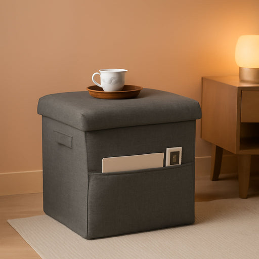 Storage Ottoman Foot Rest, Folding Linen Cotton Ottoman with Storage with Side Pockets and Handle, Foot Stool for Lounge, Study Corner, Home Office, 17X17X13 Inches, Dark Gray