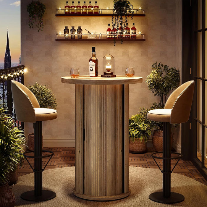 round Bar Table, 35.4" Rustic Cocktail Table with 3-Tier Hidden Storage Shelves, Bistro Wood High Top Pub Unit with Slide Door for Small Spaces, Kitchen, Parties