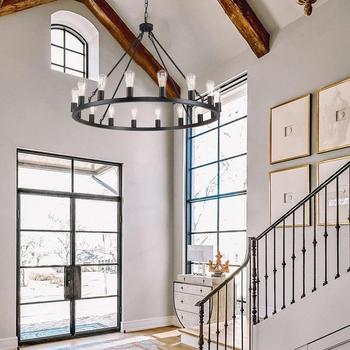 16 Lights Black Wagon Wheel Chandelier, 40 Inch Large Farmhouse Light Fixture round Rustic Pendant Light, Wagon Chandelier for Porch High Ceilings Dining Room Living Room Entryway