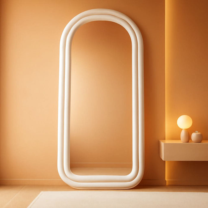 71"X32" Arched Mirror Full Length, Full Body Freely Standing Mirror, Flannel Floor Mirror with Stand for Bedroom, Living Room, Hanging or against the Wall, White