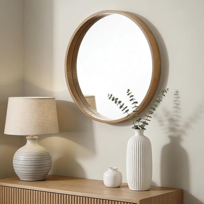 24 Inch Natural round Wood Mirror, Circle Wooden Frame Wall Mirror for Bathroom, Living Room, Bedroom, Entryway