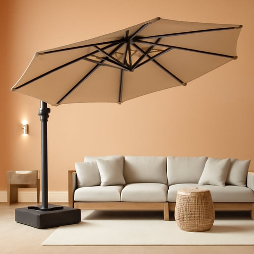 10FT Outdoor Patio Umbrella with Base Included, Heavy-Duty Frame Cantilever Offset Umbrella with 360° Rotation & Infinite Tilt, Uv-Resistant Water-Repellent Shade for Patio, Poolside, Backyard, Beige