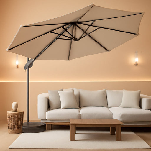 10FT Outdoor Patio Umbrella with Base Included, Heavy-Duty Frame Cantilever Offset Umbrella with 360° Rotation & Infinite Tilt, Uv-Resistant Water-Repellent Shade for Patio, Poolside, Backyard, Beige
