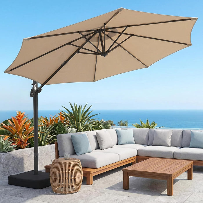 10FT Outdoor Patio Umbrella with Base Included, Heavy-Duty Frame Cantilever Offset Umbrella with 360° Rotation & Infinite Tilt, Uv-Resistant Water-Repellent Shade for Patio, Poolside, Backyard, Beige